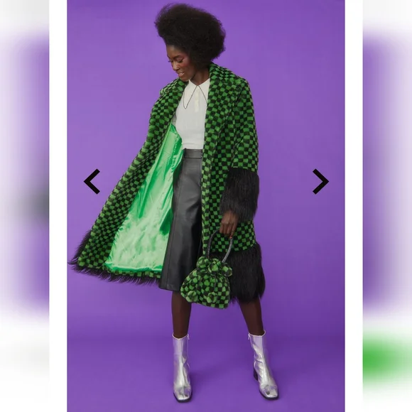 Jayley Collection Faux Fur Bag Purse Handbag Black & Green Checkered - Picture 3 of 11